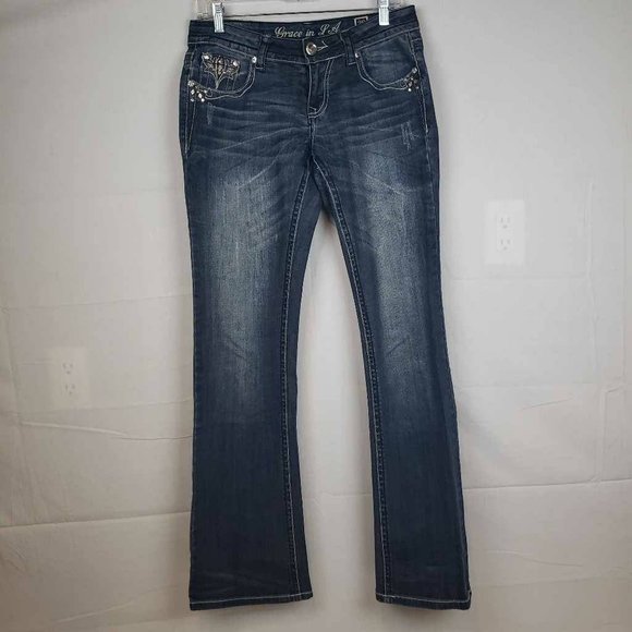 Grace In La Womens Boot Cut Jeans Blue Stretch Embellished Stone Wash Denim 9 - Picture 6 of 12